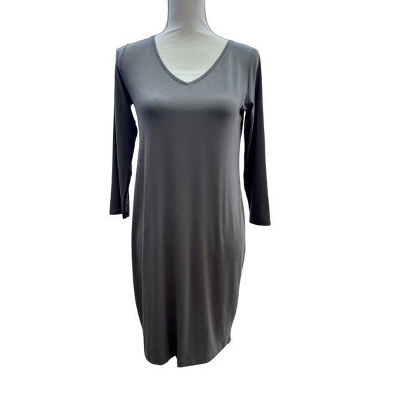 Eileen Fisher Deep V-Neck T-Shirt Dress in Gray Size X-Small Viscose and Spandex - Picture 1 of 9
